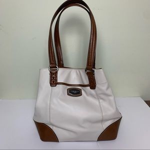 Tignanello Leather Tote Shoulder Handbag Cream with Tan Accents Silver Hardware